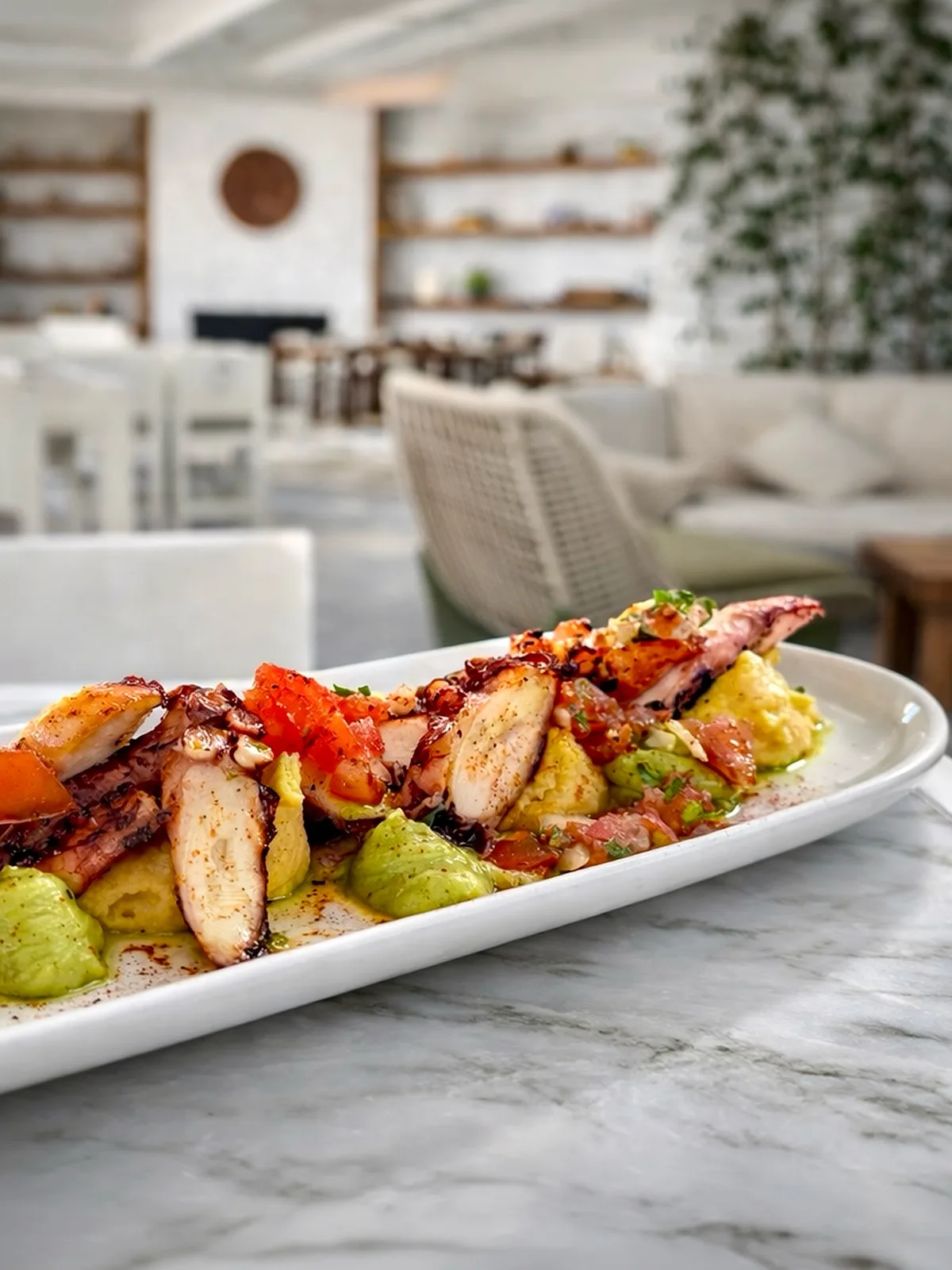 Charcoal-grilled Octopus, santorini fava, citrus avocado and tomato tartar. Mediterranean perfection at Ammos